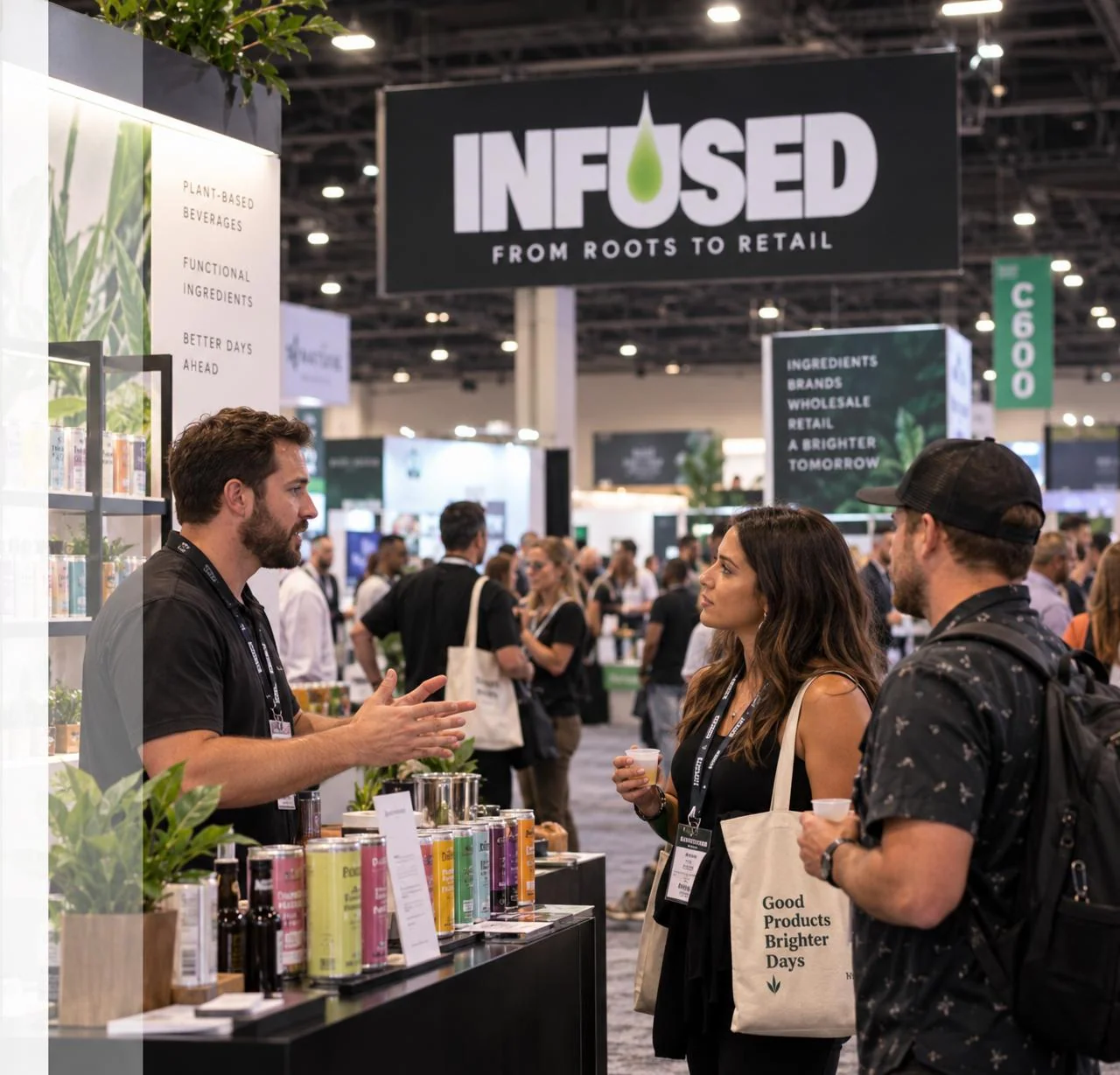 Professionals meeting and discovering infused product brands at a trade show
